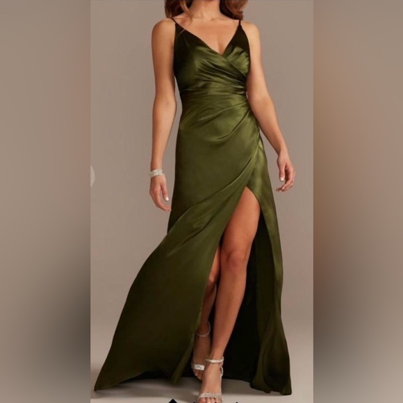 Galina Signature Charmeuse Draped Strappy Dress in Martini Olive - Picture 1 of 4